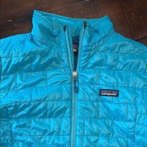 Patagonia Blue Puffer Jacket with Stand-Up Collar